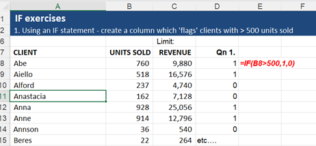 Example of Excel =IF functions