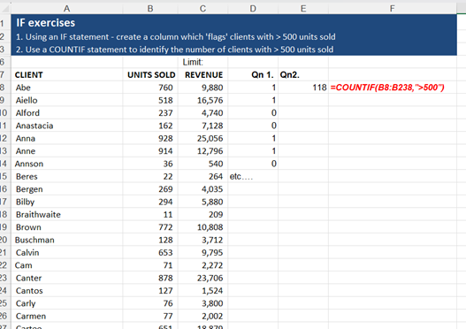 Example of Excel =COUNTIF functions