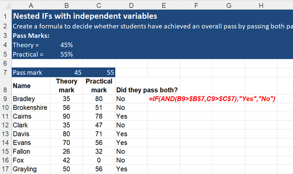 Example of a formula with a nested if statement, using =IF, and AND in conjunction.