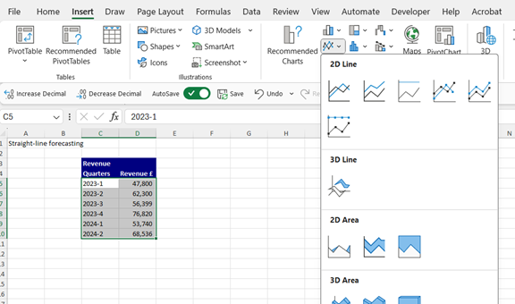 A straight line graph being created in Excel for financial data