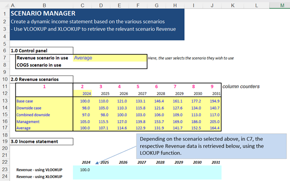 Excel example of a revenue scenario demonstrating a vlookup