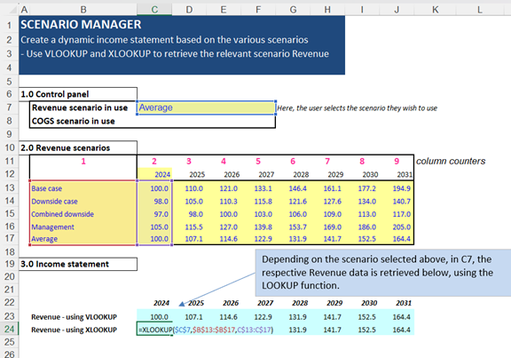 Excel screenshot of an xlookup being used for a business revenue scenario